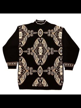 Vintage Beldoch Popper Black Geometric Knit Sweater M Retro Designer Top 80s